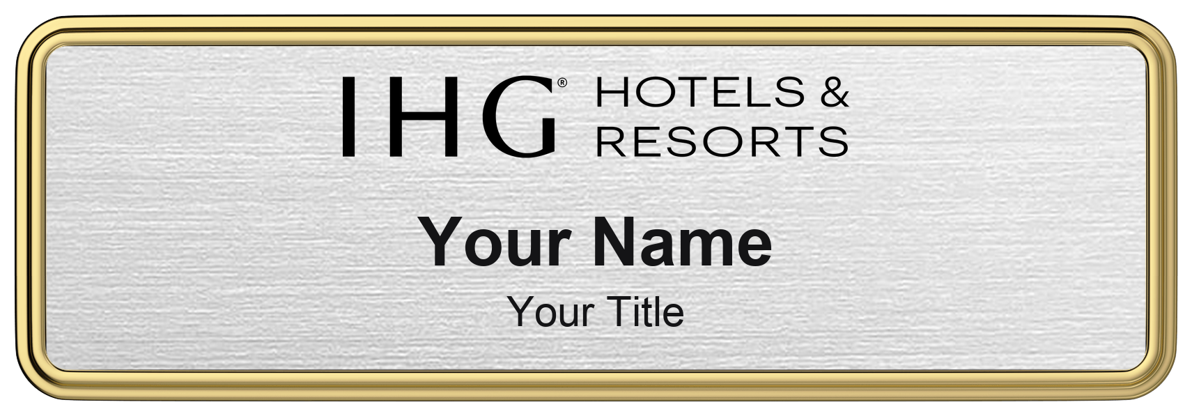 IHG Hotels hotel staff name badge, 3" × 1" · Silver Metallic, Gold Border · Magnetic, magnetic, made in USA