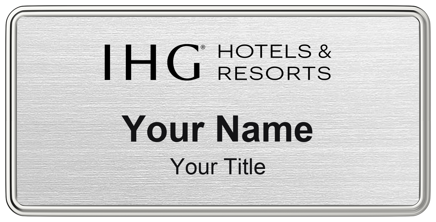 IHG Hotels hotel staff name badge, 3" × 1.5" · Silver Metallic, Silver Border · Magnetic, magnetic, made in USA