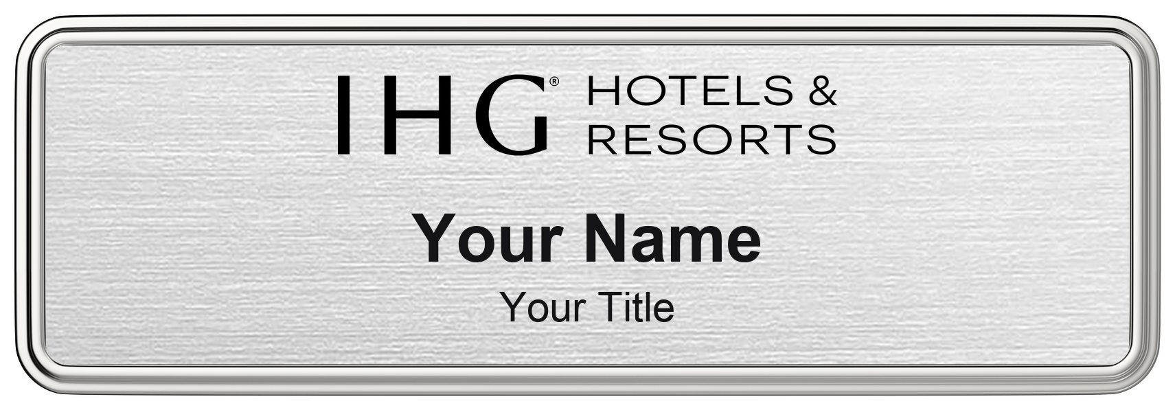 IHG Hotels hotel staff name badge, 3" × 1" · Silver Metallic, Silver Border · Magnetic, magnetic, made in USA