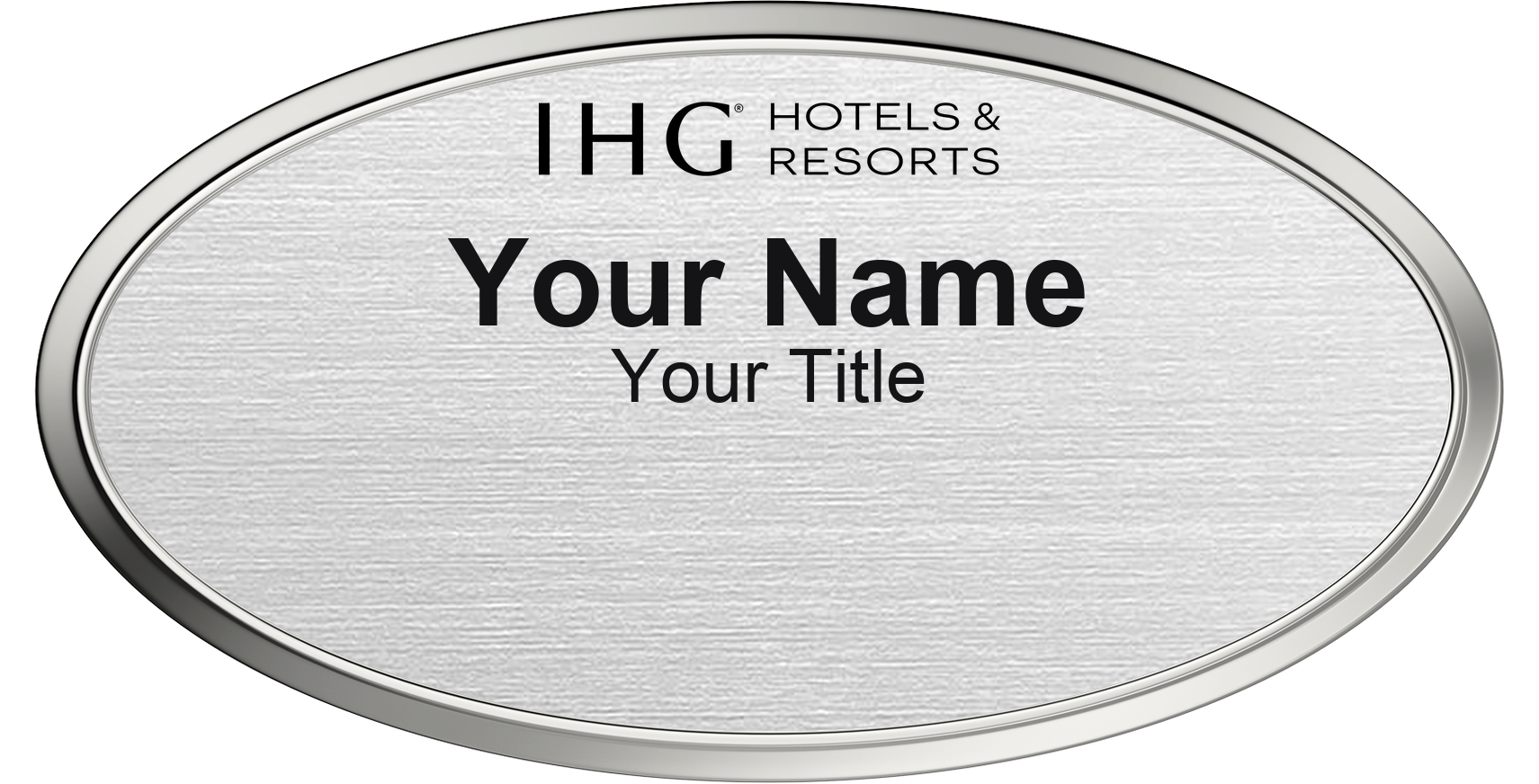 IHG Hotels hotel staff name badge, Oval 3" × 1.5" · Silver Metallic, Silver Border · Magnetic, magnetic, made in USA