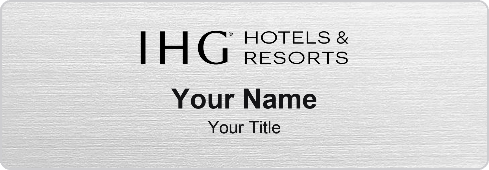 IHG Hotels hotel staff name badge, 3" × 1" · Silver Metallic, No Border · Magnetic, magnetic, made in USA