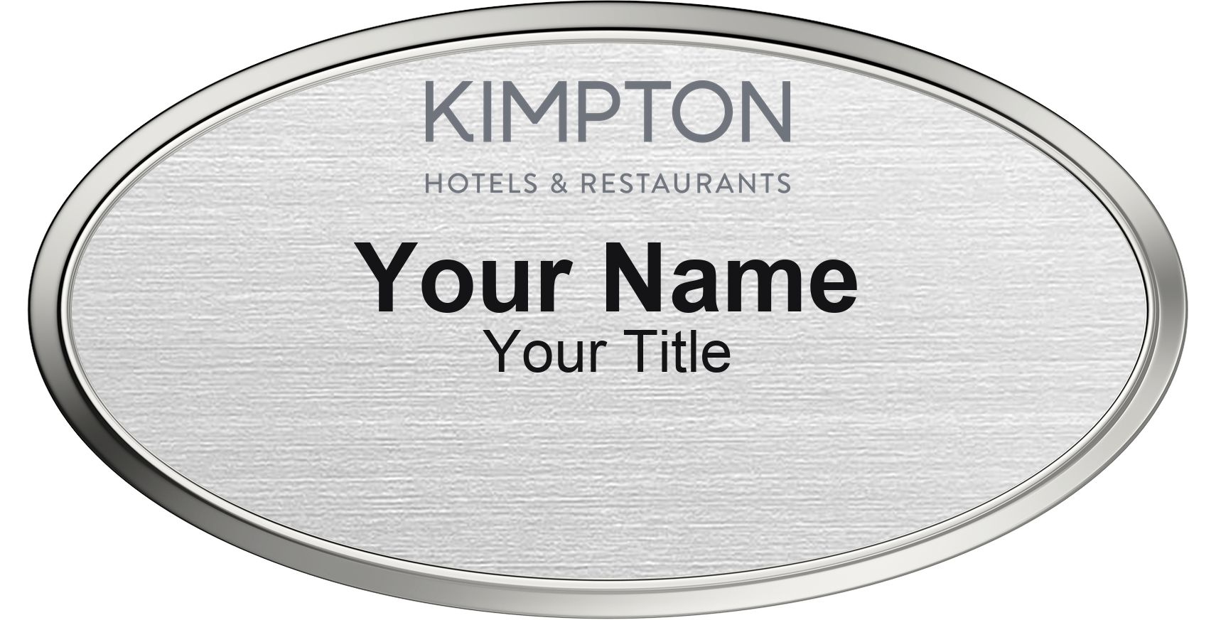 Kimpton hotel staff name badge, Oval 3" × 1.5" · Silver Metallic, Silver Border · Magnetic, magnetic, made in USA