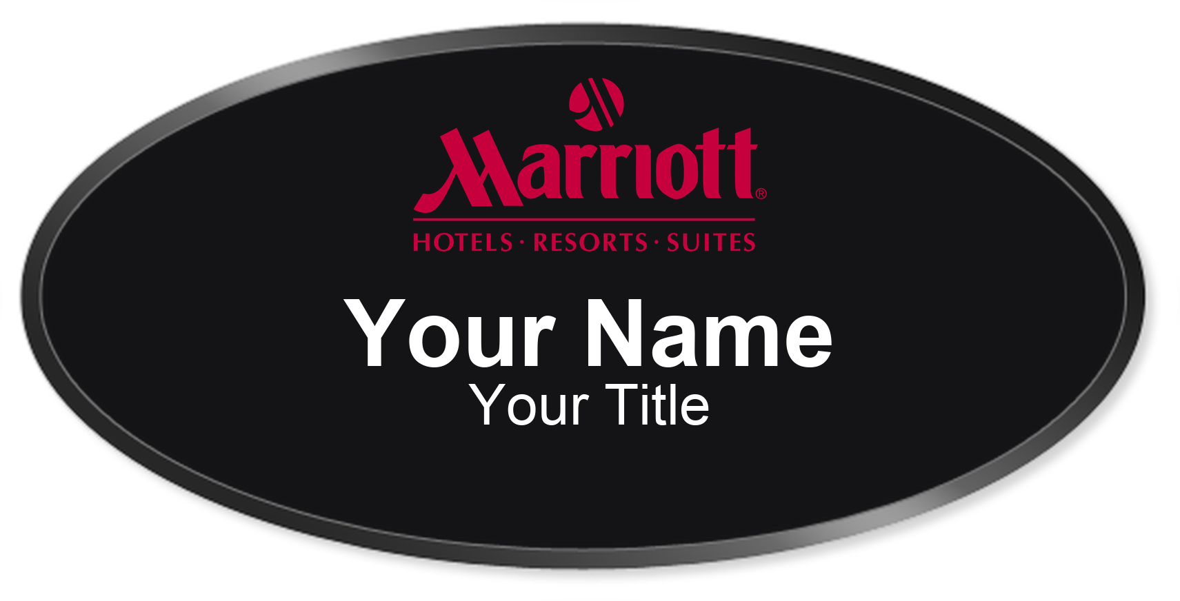Marriott hotel staff name badge, Oval 3" × 1.5" · Black, Black Border · Magnetic, magnetic, made in USA
