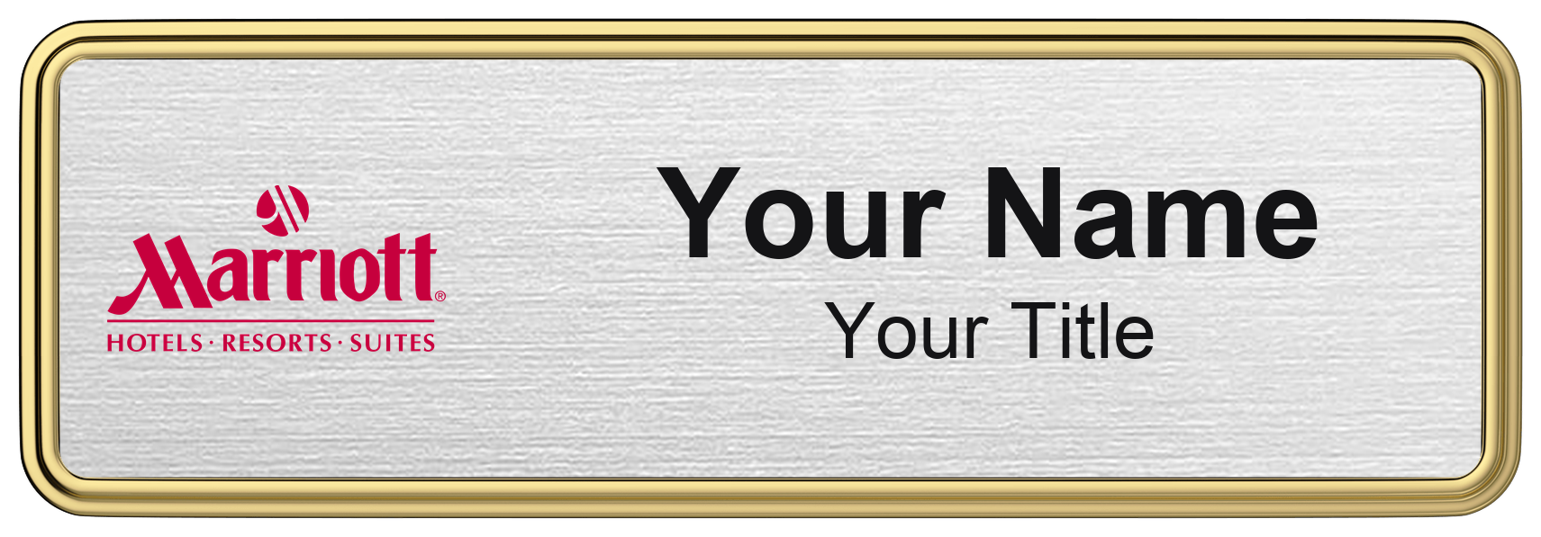 Marriott hotel staff name badge, 3" × 1" · Silver Metallic, Gold Border · Magnetic, magnetic, made in USA