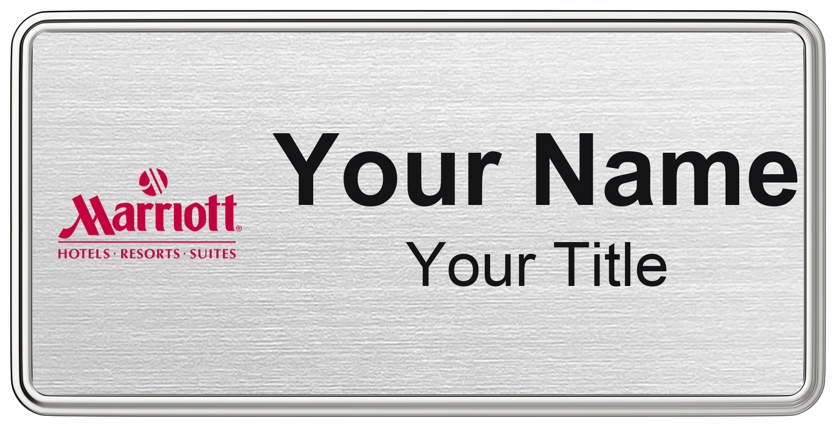 Marriott hotel staff name badge, 3" × 1.5" · Silver Metallic, Silver Border · Magnetic, magnetic, made in USA