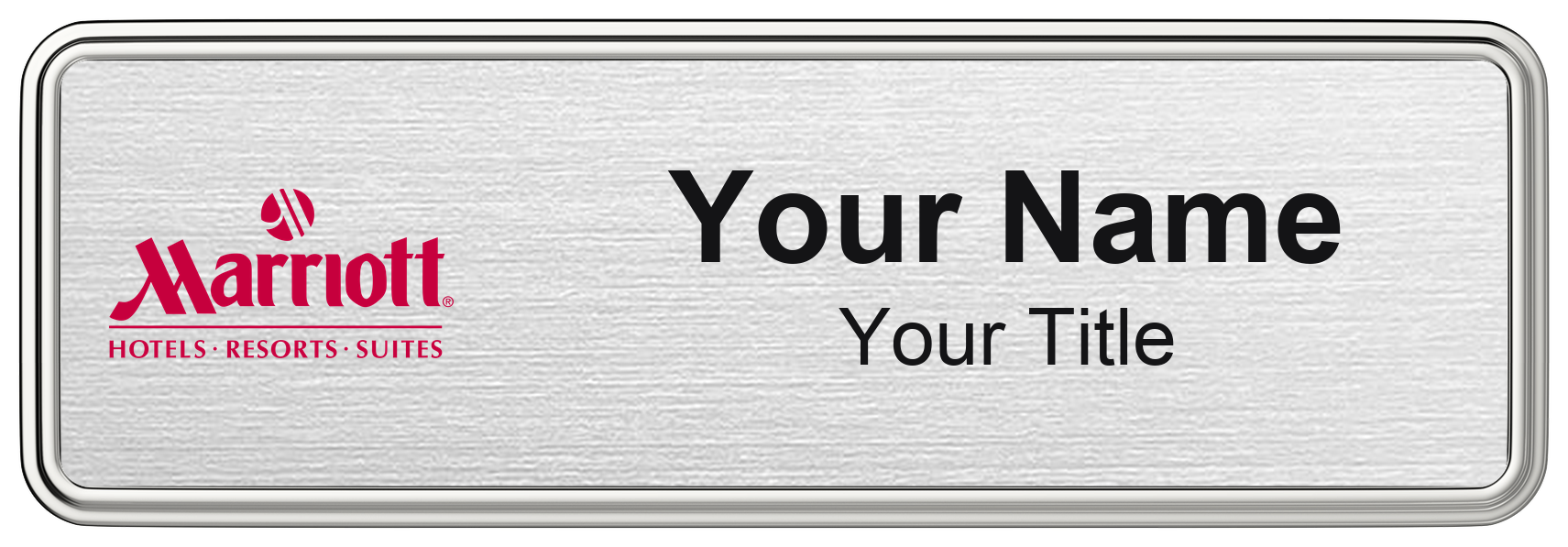 Marriott hotel staff name badge, 3" × 1" · Silver Metallic, Silver Border · Magnetic, magnetic, made in USA