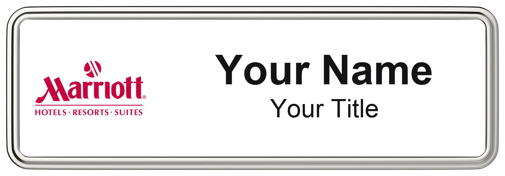 Marriott hotel staff name badge, 3" × 1" · White, Silver Border · Magnetic, magnetic, made in USA