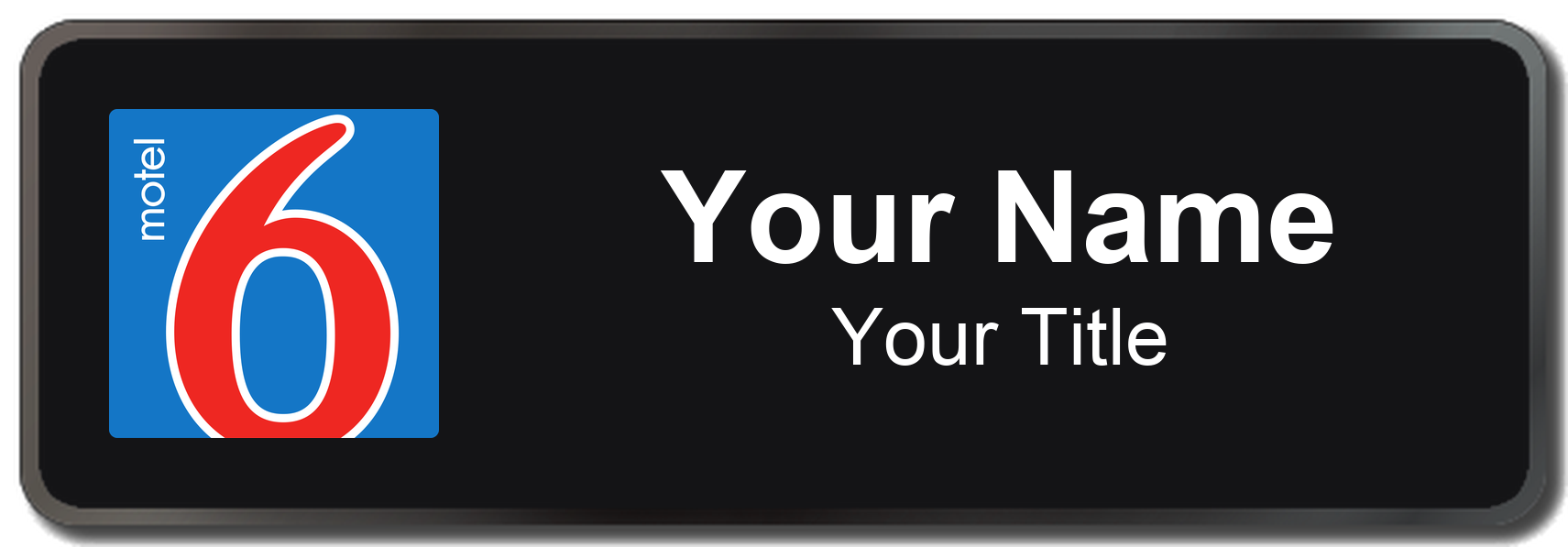 Motel 6 hotel staff name badge, 3" × 1" · Black, Black Border · Magnetic, magnetic, made in USA
