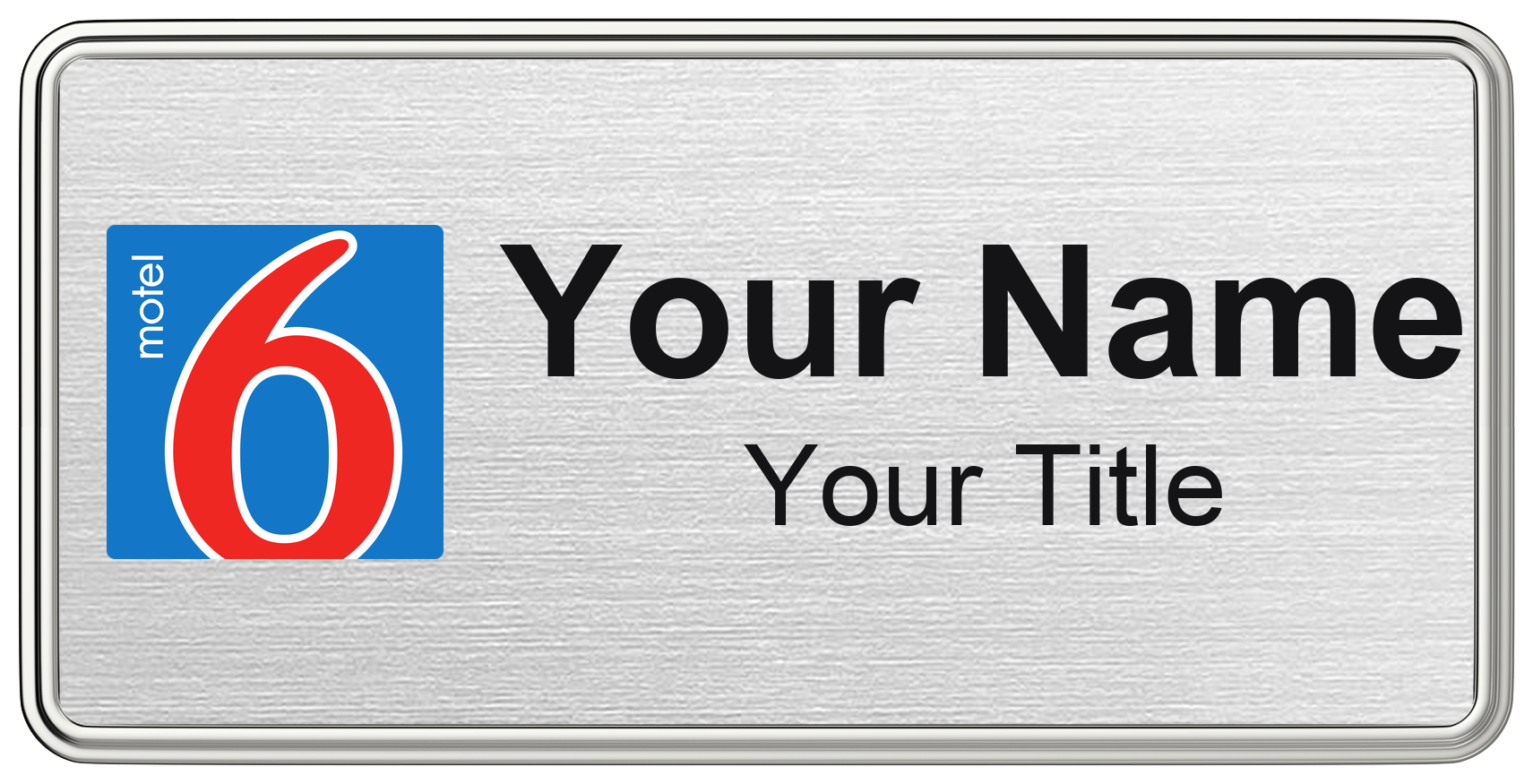 Motel 6 hotel staff name badge, 3" × 1.5" · Silver Metallic, Silver Border · Magnetic, magnetic, made in USA