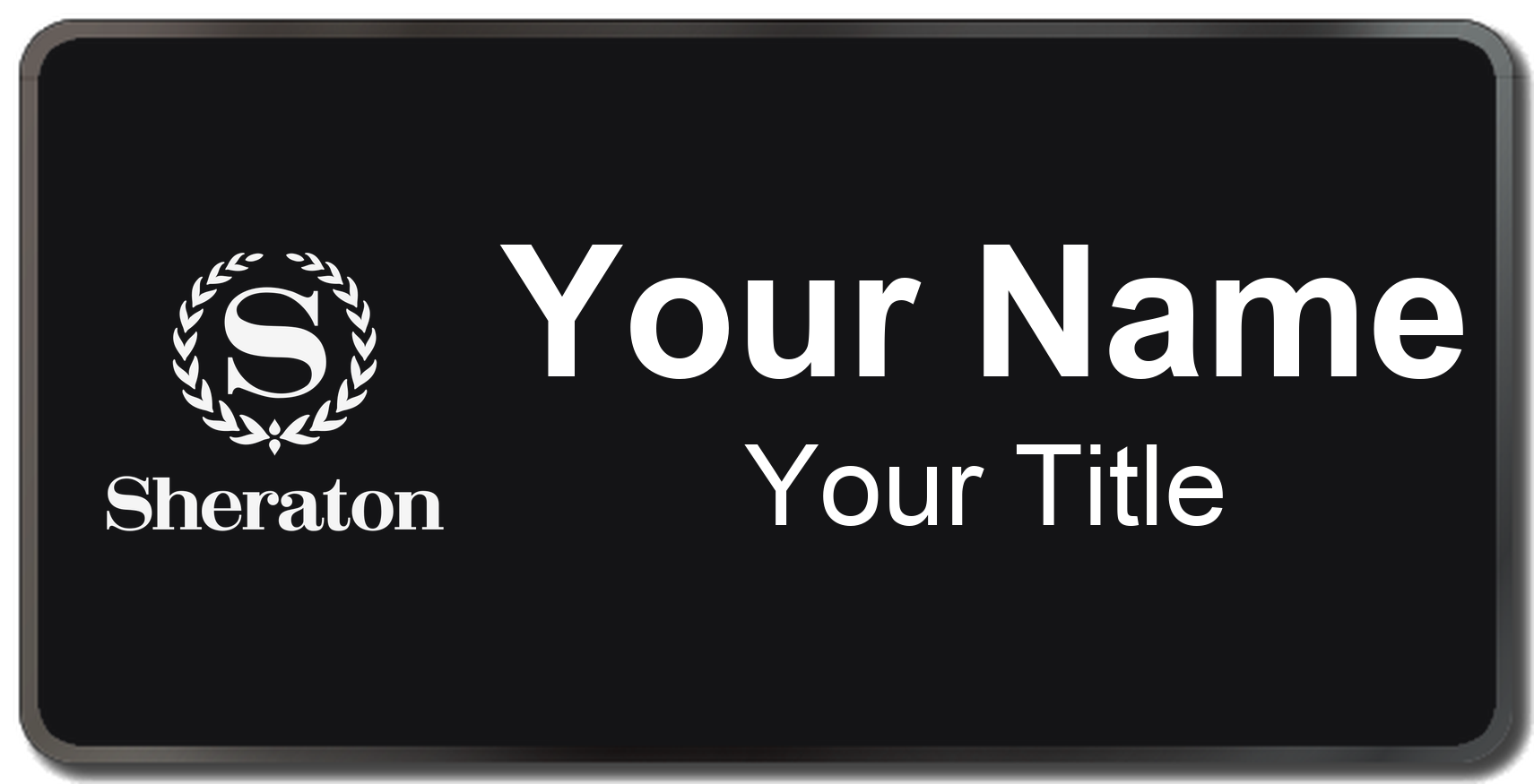 Sheraton hotel staff name badge, 3" × 1.5" · Black, Black Border · Magnetic, magnetic, made in USA