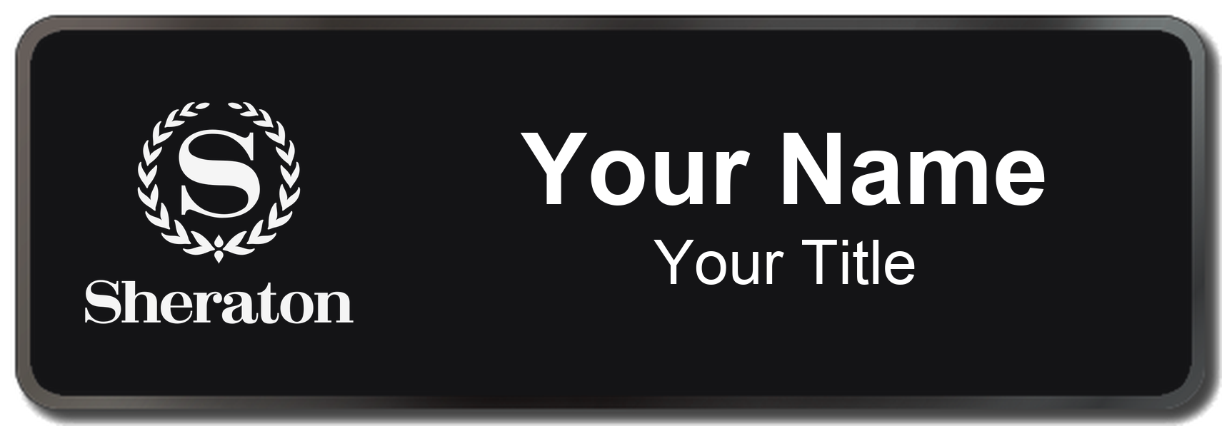 Sheraton hotel staff name badge, 3" × 1" · Black, Black Border · Magnetic, magnetic, made in USA