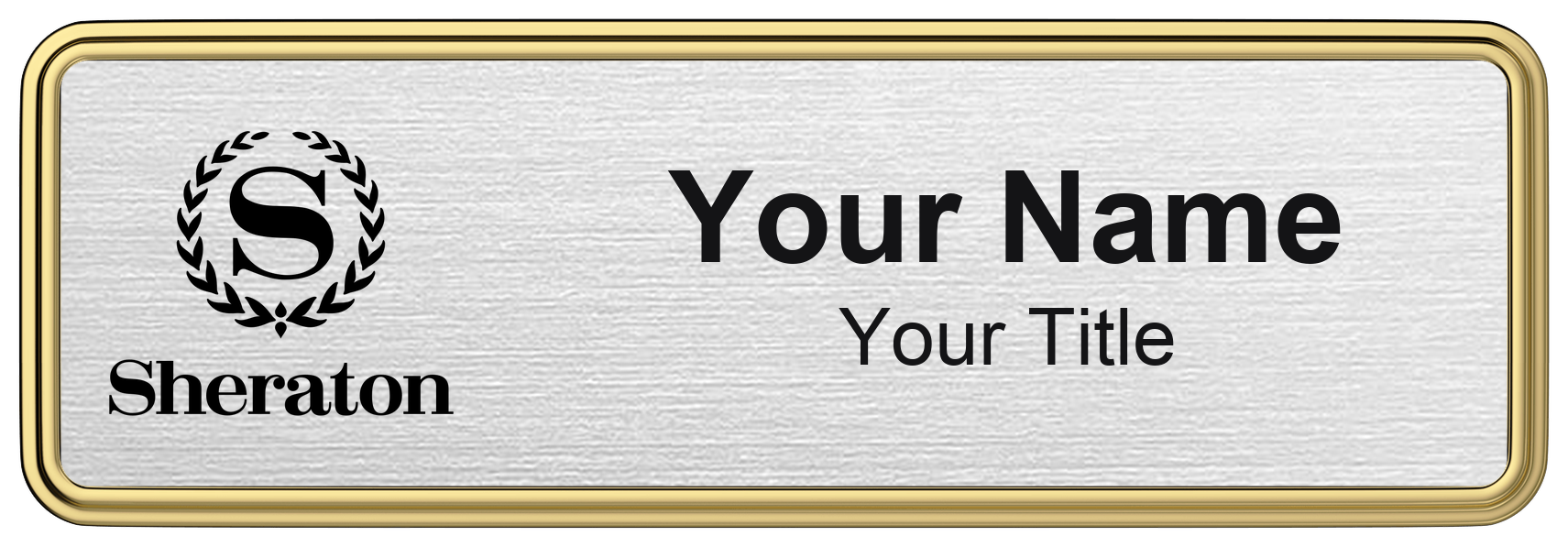 Sheraton hotel staff name badge, 3" × 1" · Silver Metallic, Gold Border · Magnetic, magnetic, made in USA