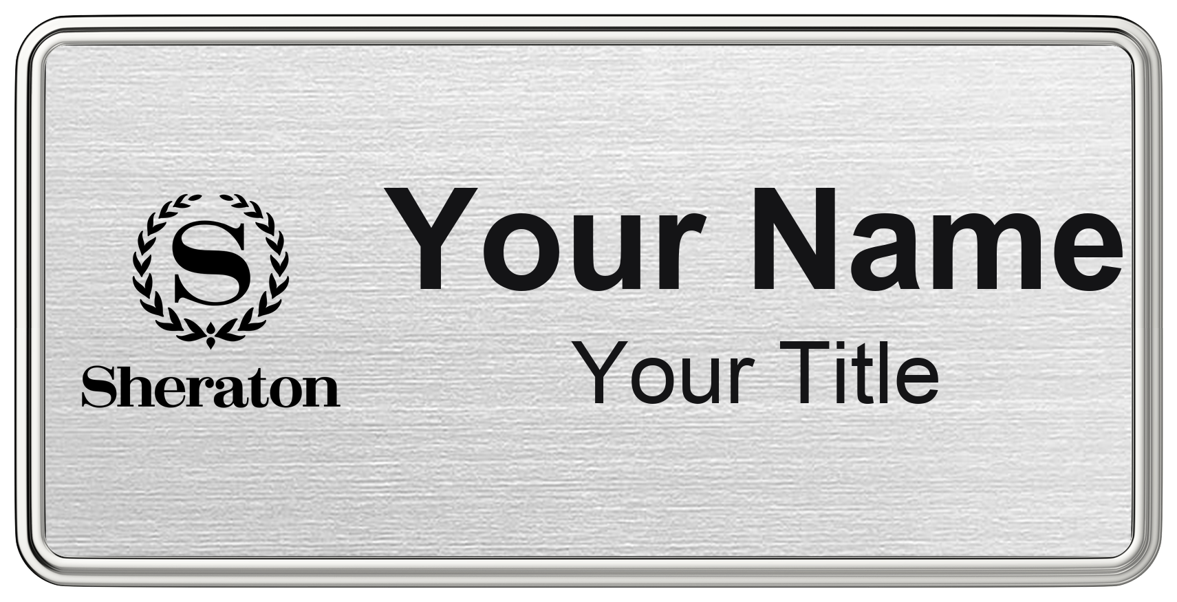 Sheraton hotel staff name badge, 3" × 1.5" · Silver Metallic, Silver Border · Magnetic, magnetic, made in USA