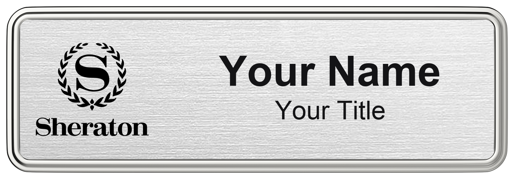 Sheraton hotel staff name badge, 3" × 1" · Silver Metallic, Silver Border · Magnetic, magnetic, made in USA