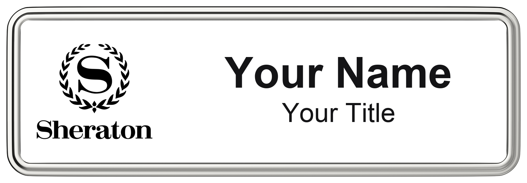 Sheraton hotel staff name badge, 3" × 1" · White, Silver Border · Magnetic, magnetic, made in USA