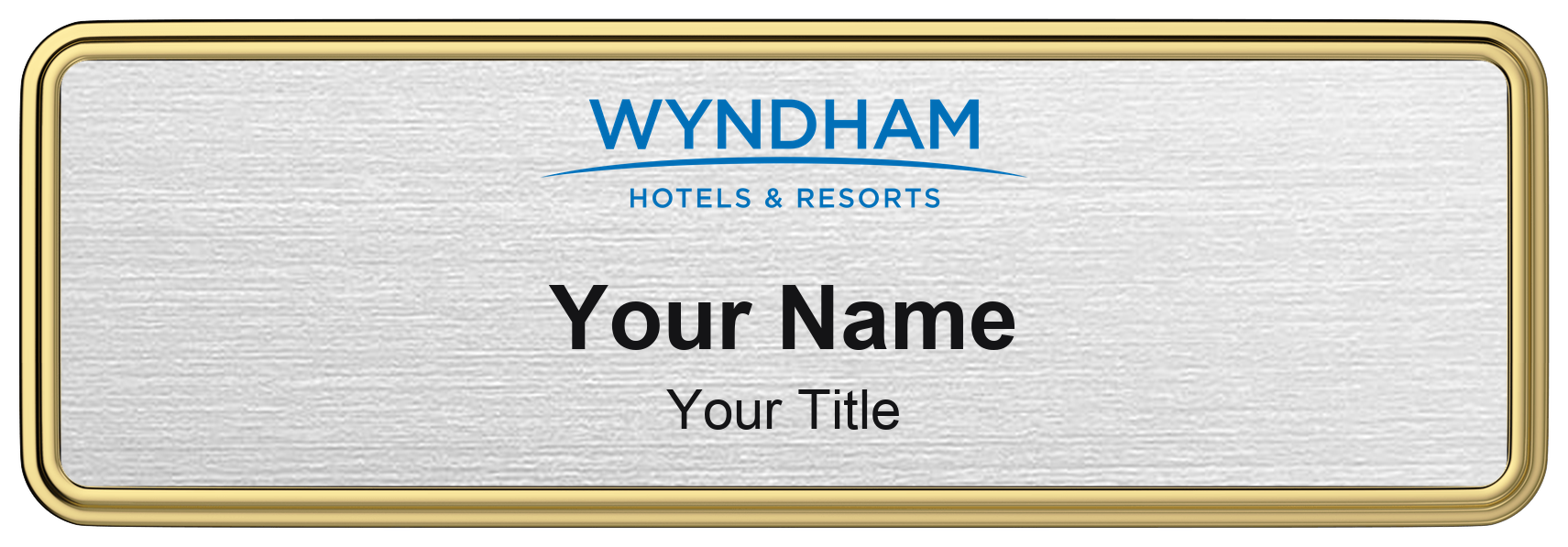 Wyndham hotel staff name badge, 3" × 1" · Silver Metallic, Gold Border · Magnetic, magnetic, made in USA