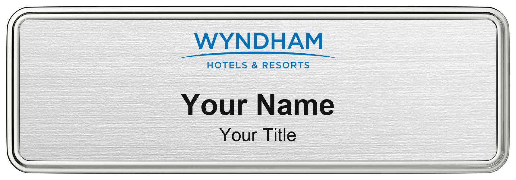 Wyndham hotel staff name badge, 3" × 1" · Silver Metallic, Silver Border · Magnetic, magnetic, made in USA