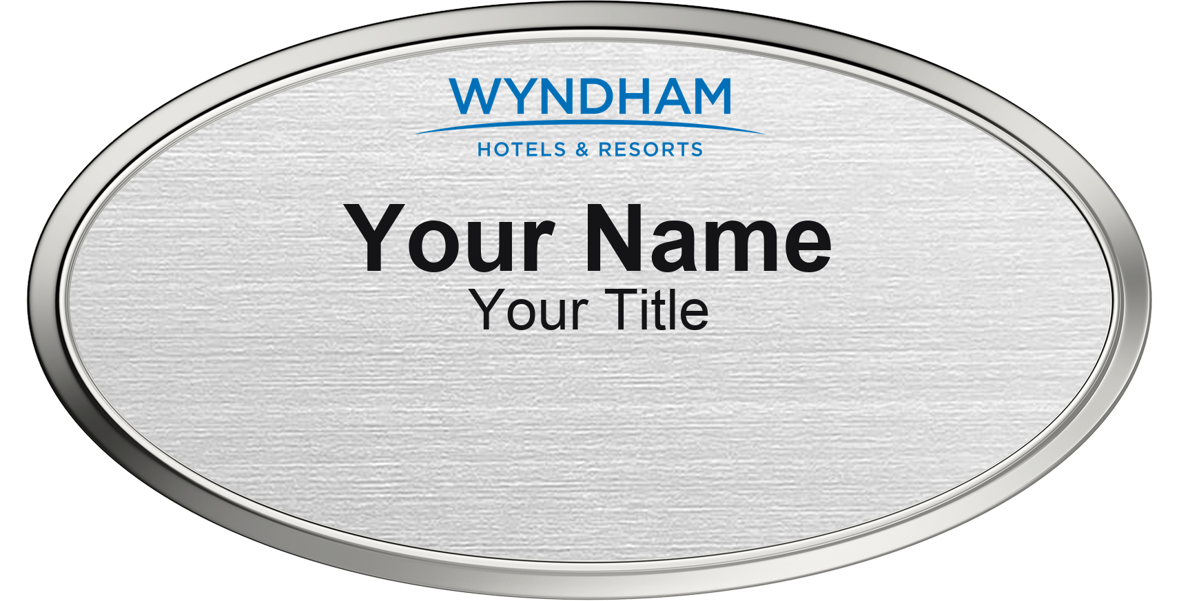 Wyndham hotel staff name badge, Oval 3" × 1.5" · Silver Metallic, Silver Border · Magnetic, magnetic, made in USA