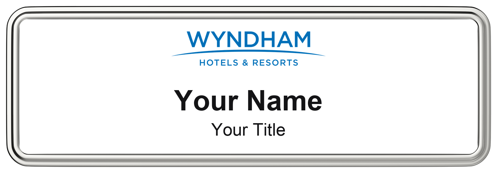 Wyndham hotel staff name badge, 3" × 1" · White, Silver Border · Magnetic, magnetic, made in USA