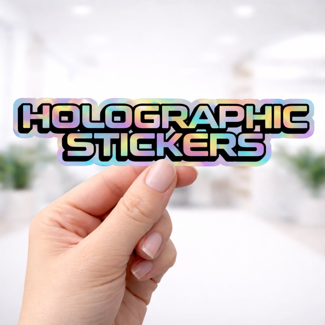 Holographic die-cut sticker with rainbow rainbow finish and bold design
