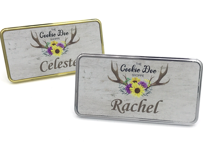 Magnetic name badges with company branding for professional staff identification
