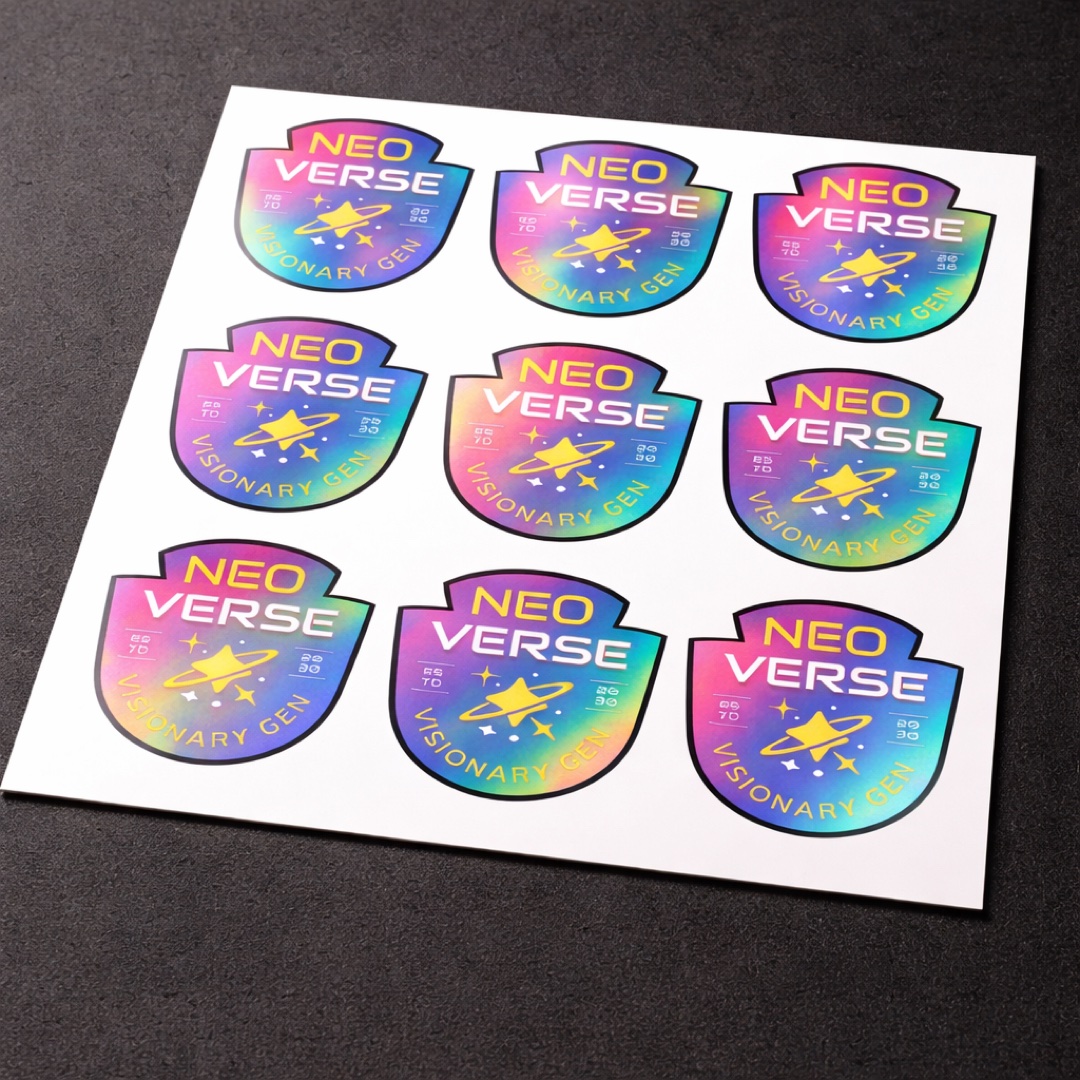 Custom die-cut QR code stickers in a sheet showing scannable holographic shapes