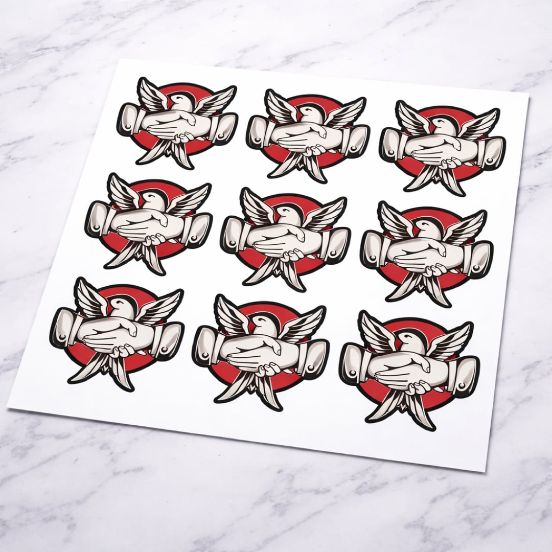 Premium sticker sheet with multiple custom die-cut shapes showing print quality