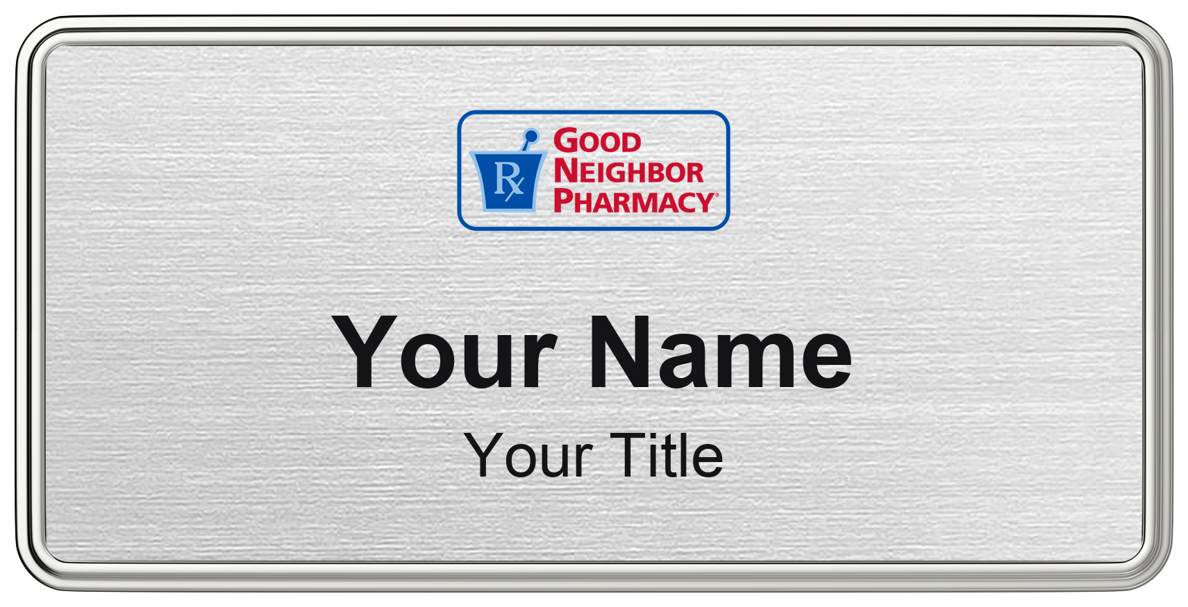 Good Neighbor Pharmacy Name Badge, Silver Metallic, Silver Border 3" × 1.5"