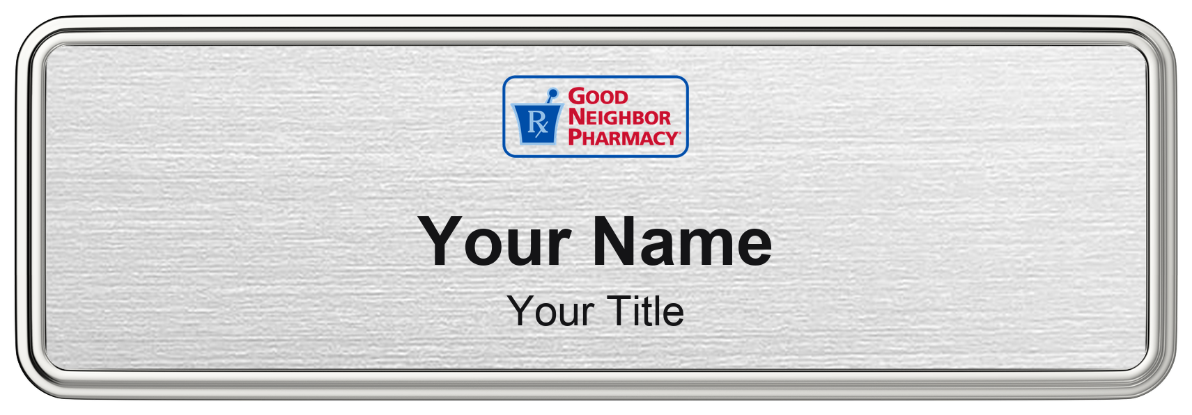 Good Neighbor Pharmacy Name Badge, Silver Metallic, Silver Border 3" × 1"