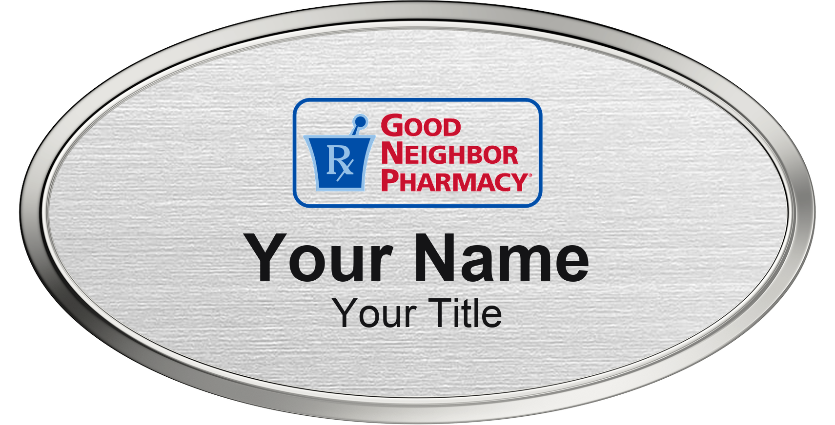 Good Neighbor Pharmacy Name Badge, Silver Metallic, Silver Border Oval 3" × 1.5"