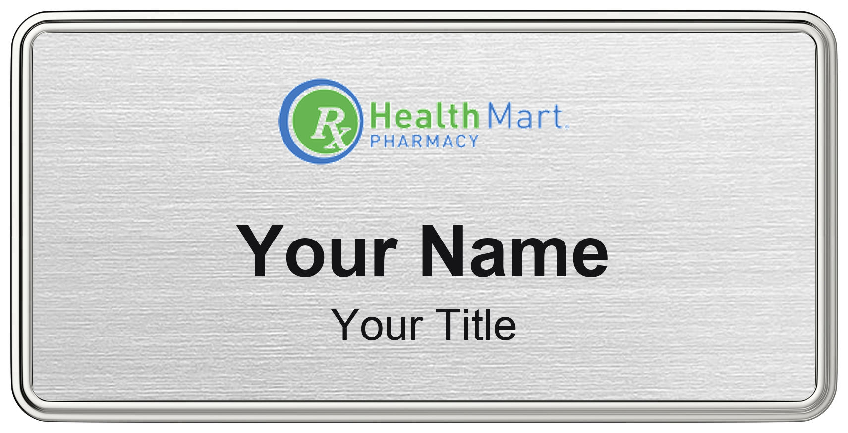 Health Mart Name Badge, Silver Metallic, Silver Border 3" × 1.5"