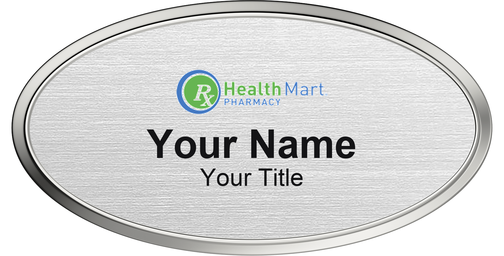 Health Mart Name Badge, Silver Metallic, Silver Border Oval 3" × 1.5"