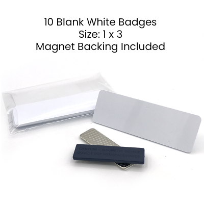  1x3 Blank White Plastic Magnetic Name Badges- Set of 10