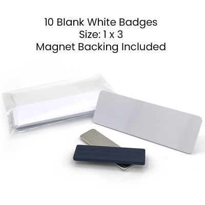 1x3 Blank White Plastic Magnetic Name Badges- Set of 10