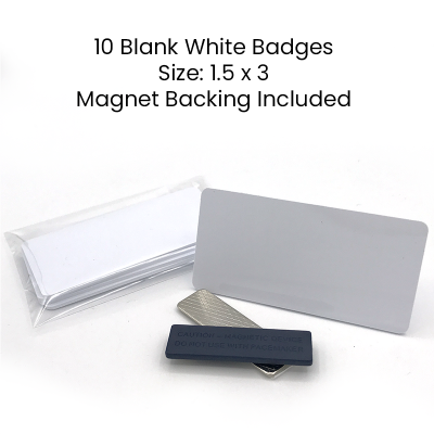  1.5x3 Blank White Plastic Magnetic Name Badges- Set of 10