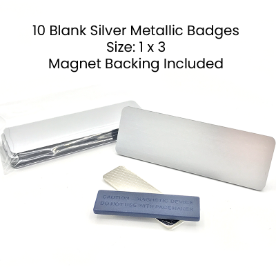  1x3 Blank Silver Metallic Magnetic Name Badges- Set of 10