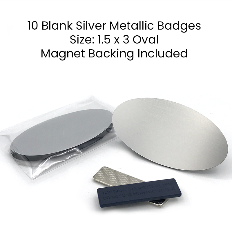 Oval 1.5x3 Blank Silver Metallic Name Badges Set of 10