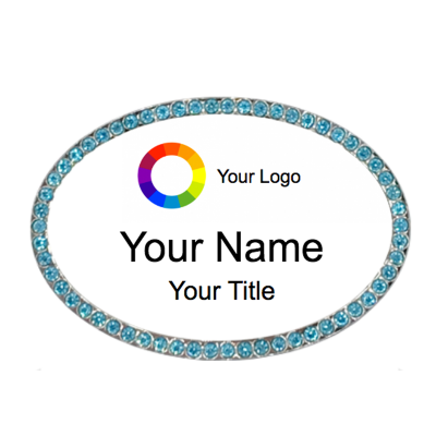  Oval Blue Stone Bling Name Badges with Magnet