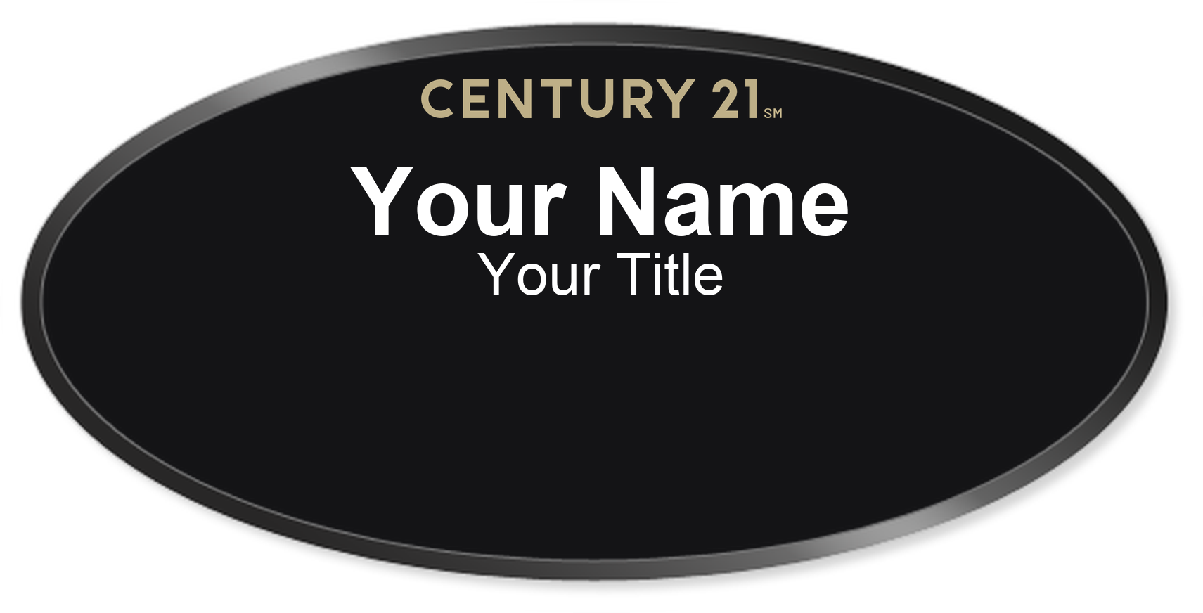 Century 21 black, black border oval magnetic name badge with logo