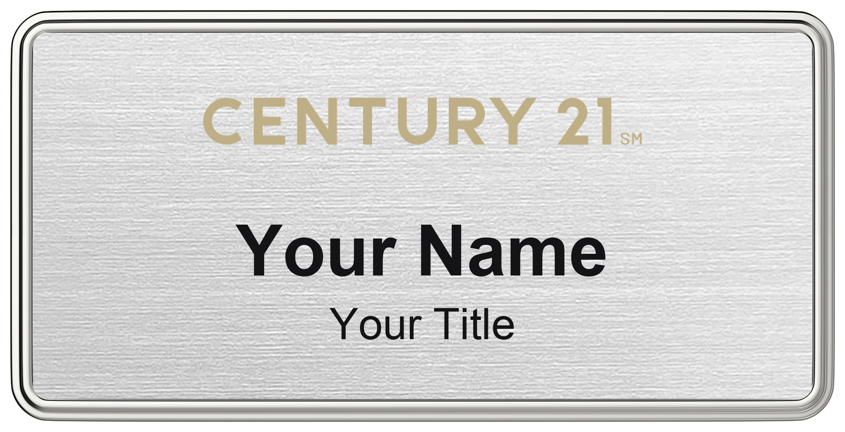 Century 21 real estate name badge, brushed silver, magnetic, with logo