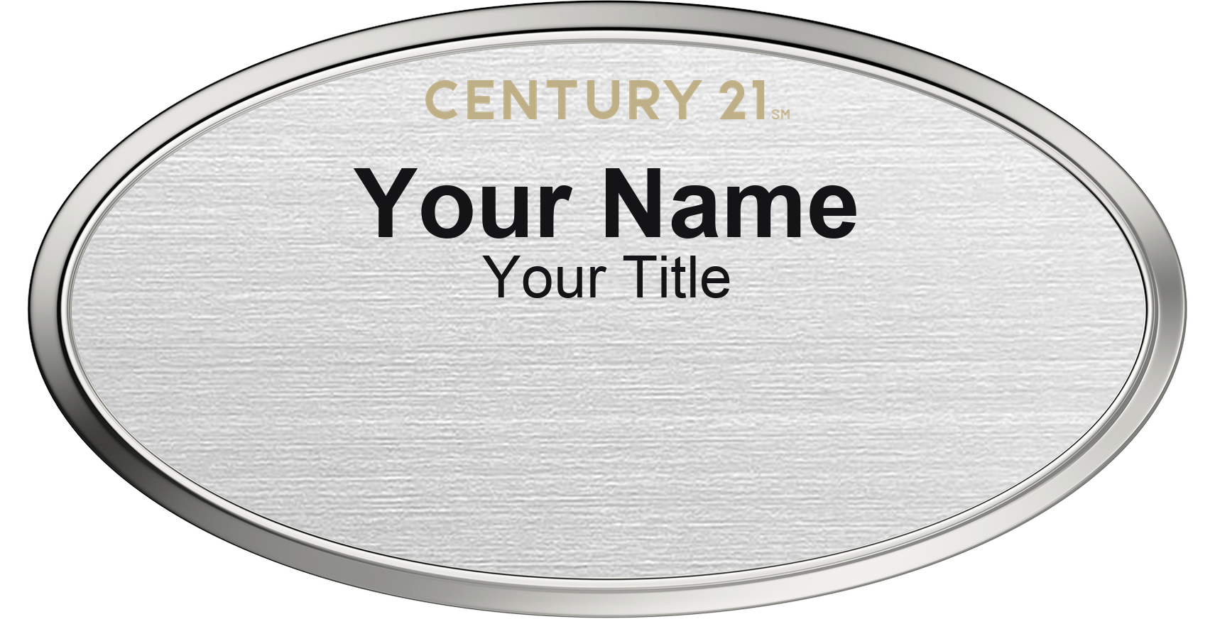 Century 21 silver metallic, silver border oval magnetic name badge with logo
