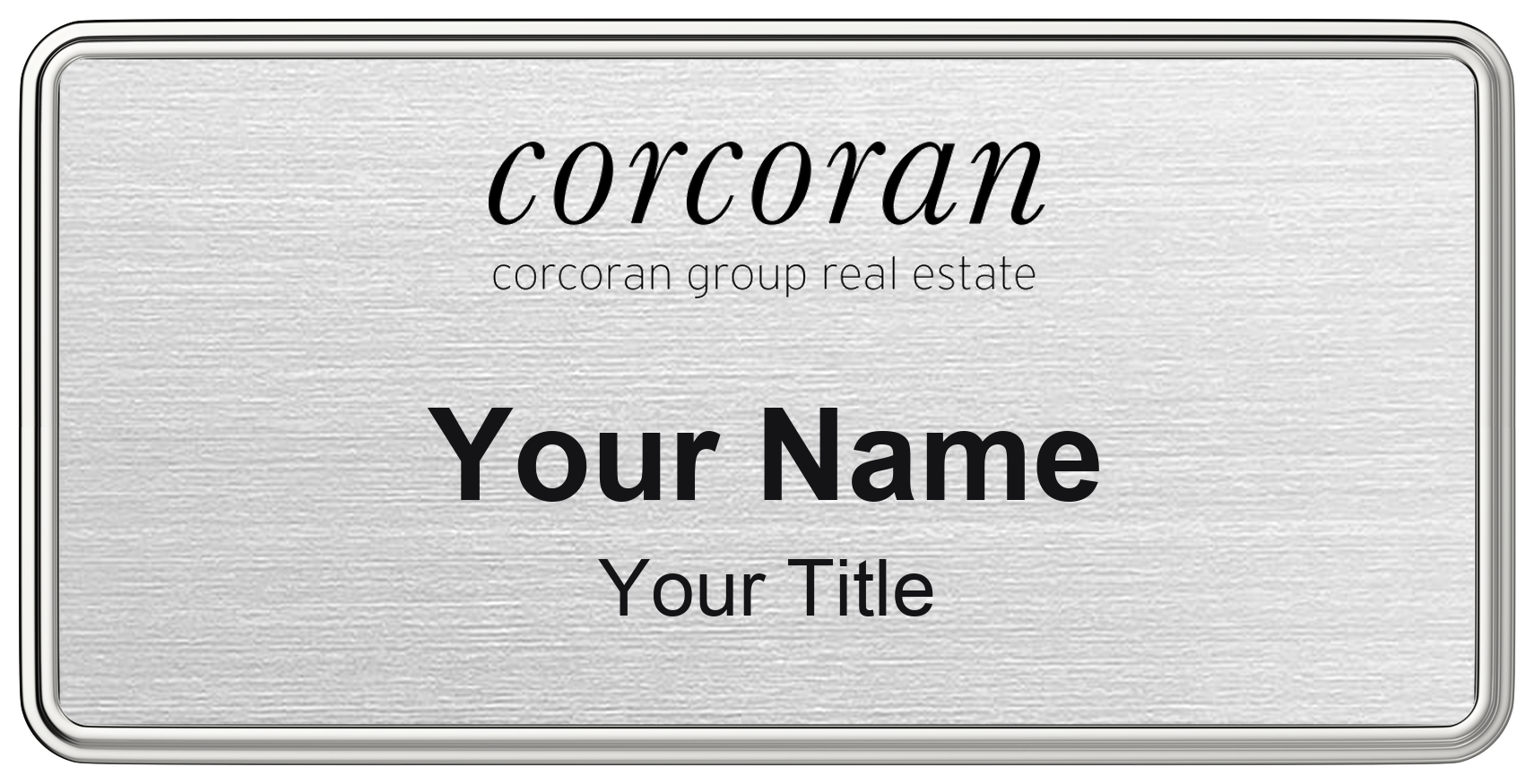 Corcoran silver metallic, silver border 1.5x3 inch magnetic name badge with logo