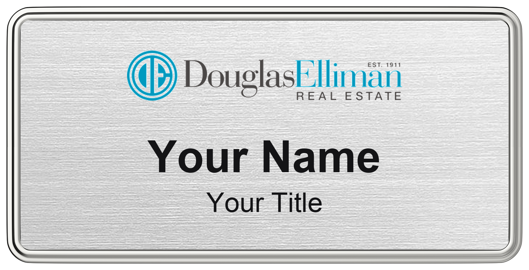 Douglas Elliman real estate name badge, brushed silver, magnetic, with logo