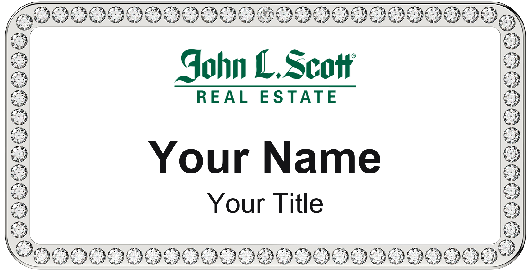 John L. Scott rhinestone bling, crystal 1.5x3 inch magnetic name badge with logo