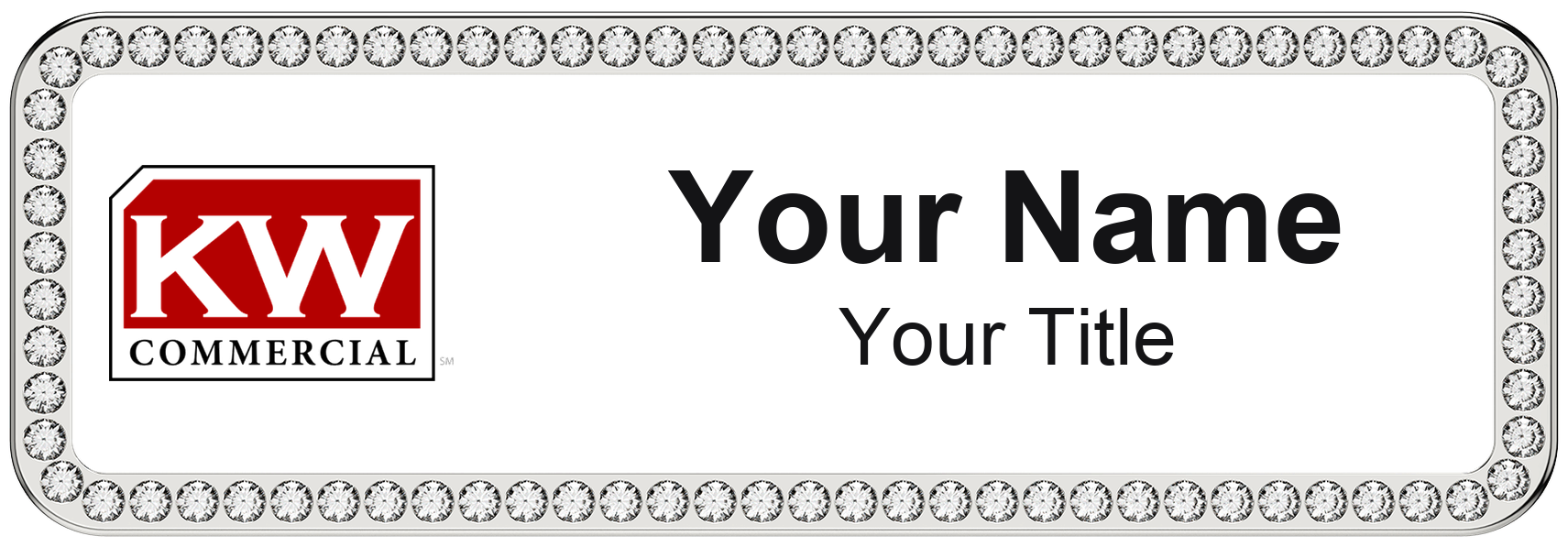 KW Commercial rhinestone bling, crystal 1x3 inch magnetic name badge with logo