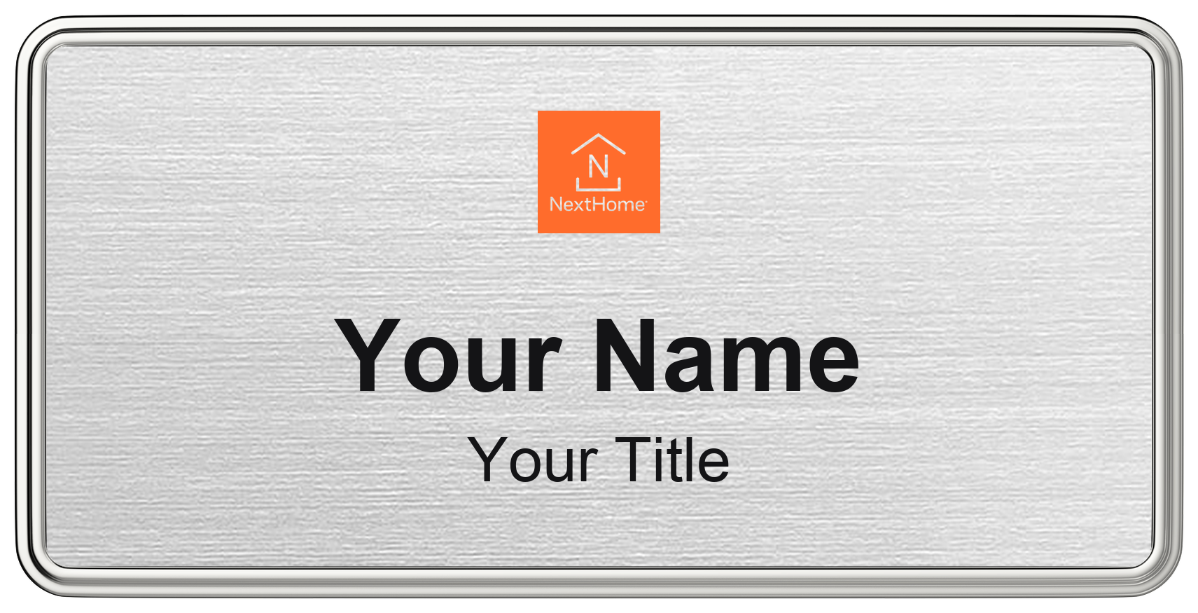 NextHome real estate name badge, brushed silver, magnetic, with logo