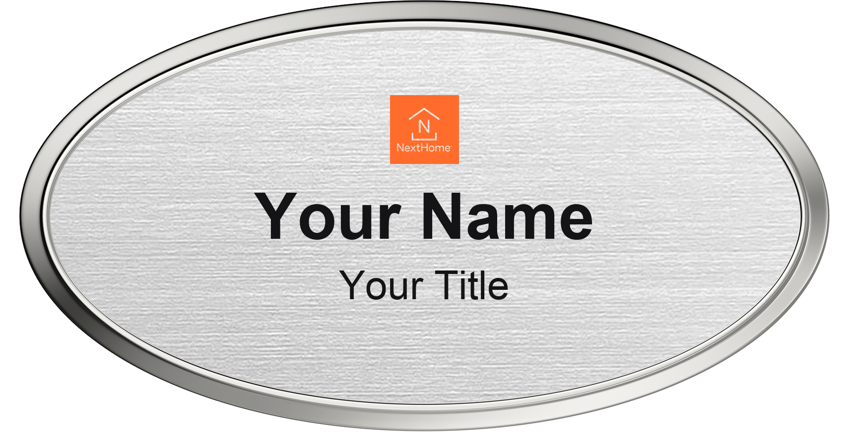 NextHome silver metallic, silver border oval magnetic name badge with logo