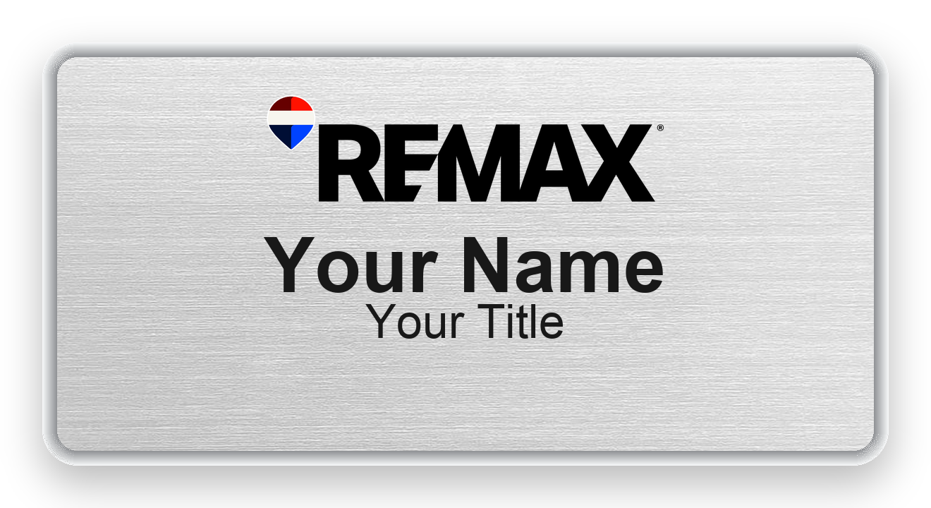 RE/MAX silver metallic, silver border 1.5x3 inch magnetic name badge with logo