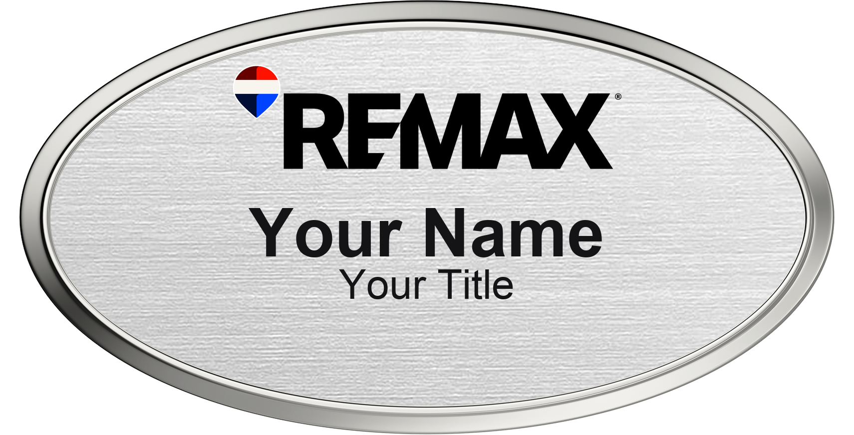 RE/MAX silver metallic, silver border oval magnetic name badge with logo