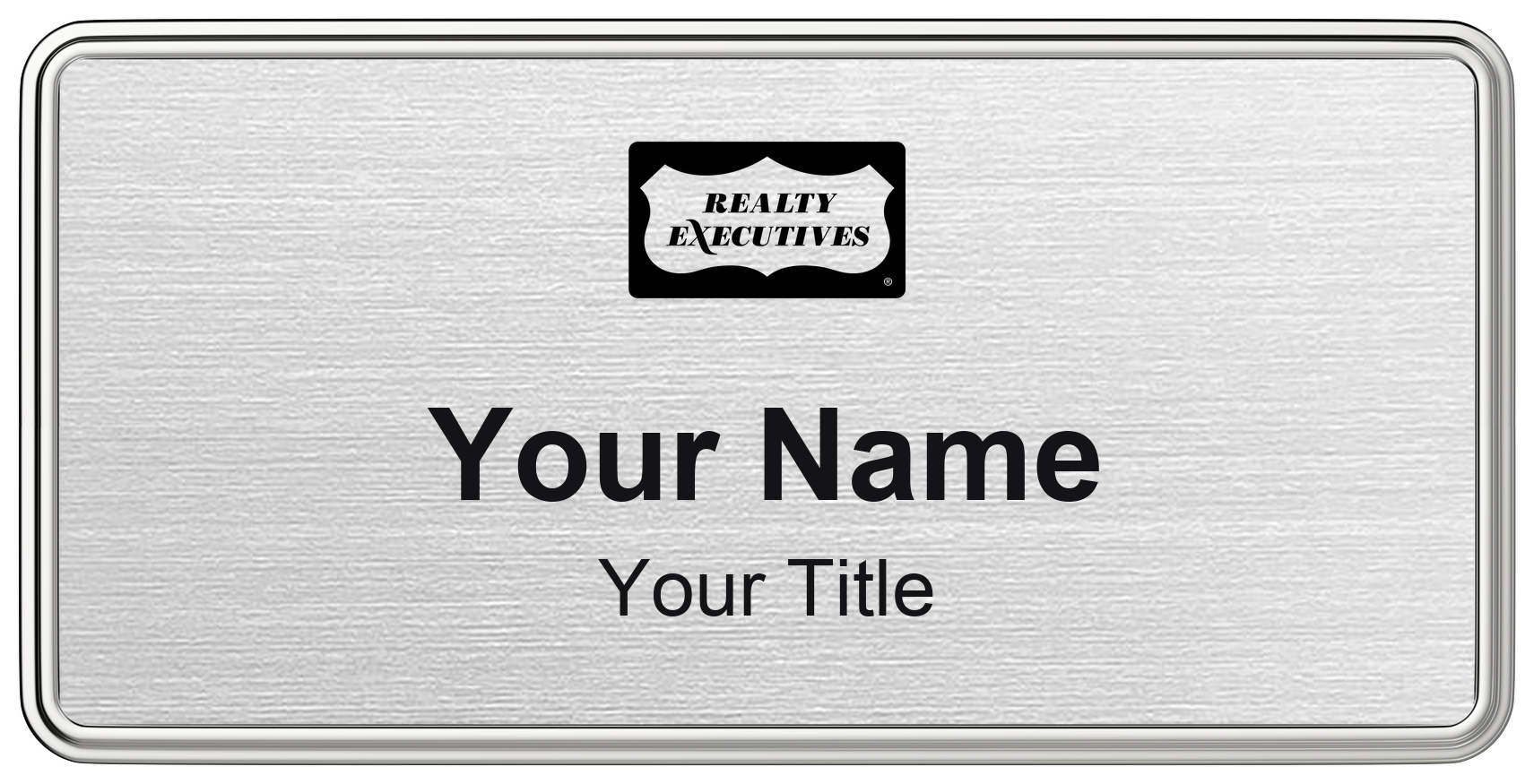 Realty Executives real estate name badge, brushed silver, magnetic, with logo
